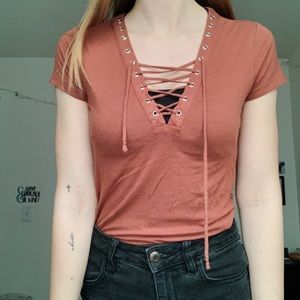 Deep pink string cross v neck t shirt